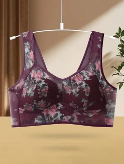 Online Women's Mesh Floral Print Bra Graphic Bra Wirefree Non Padded Full Coverage Solid Moulded Everyday Bra Home Outfits Women Lingerie