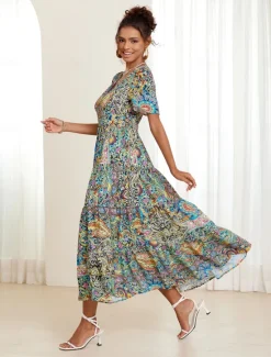 Clearance Women's Midi Boho Dress V-Neck Short Sleeve Paisley Print Flared Summer Casual Lightweight Breathable Fabric Colorful Bohemian Style Vacation Beachwear Multicolor Available in Multiple Sizes Women Vacation Dresses