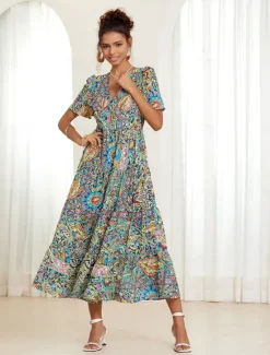 Clearance Women's Midi Boho Dress V-Neck Short Sleeve Paisley Print Flared Summer Casual Lightweight Breathable Fabric Colorful Bohemian Style Vacation Beachwear Multicolor Available in Multiple Sizes Women Vacation Dresses