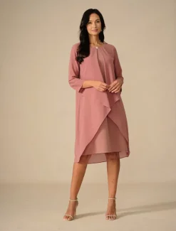 Women's Midi Dress A Line Dress Chiffon Party Birthday Cocktail Wedding Guest Cocktail Party Regular Fit Solid Color 3/4 Length Sleeve Crew Neck Summer Women Cocktail Dress