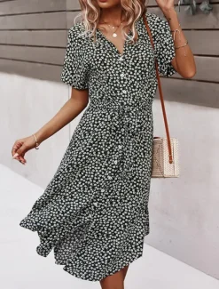 Discount Women's Midi Dress A Line Dress Casual Outdoor Going out Regular Fit Floral Short Sleeve Turndown Black Yellow Red Sky Blue Summer Women Vacation Dresses|Sundresses