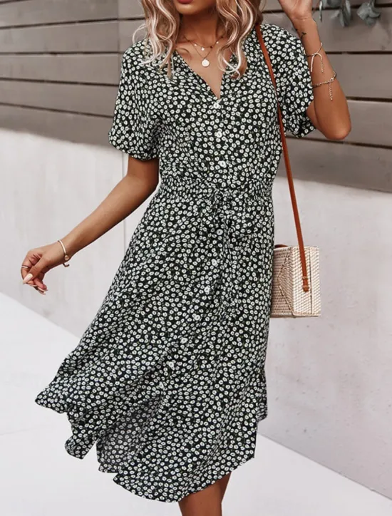 Discount Women's Midi Dress A Line Dress Casual Outdoor Going out Regular Fit Floral Short Sleeve Turndown Black Yellow Red Sky Blue Summer Women Vacation Dresses|Sundresses