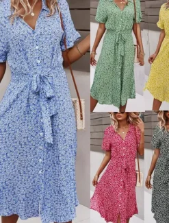 Discount Women's Midi Dress A Line Dress Casual Outdoor Going out Regular Fit Floral Short Sleeve Turndown Black Yellow Red Sky Blue Summer Women Vacation Dresses|Sundresses