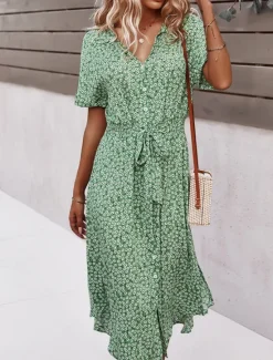 Discount Women's Midi Dress A Line Dress Casual Outdoor Going out Regular Fit Floral Short Sleeve Turndown Black Yellow Red Sky Blue Summer Women Vacation Dresses|Sundresses