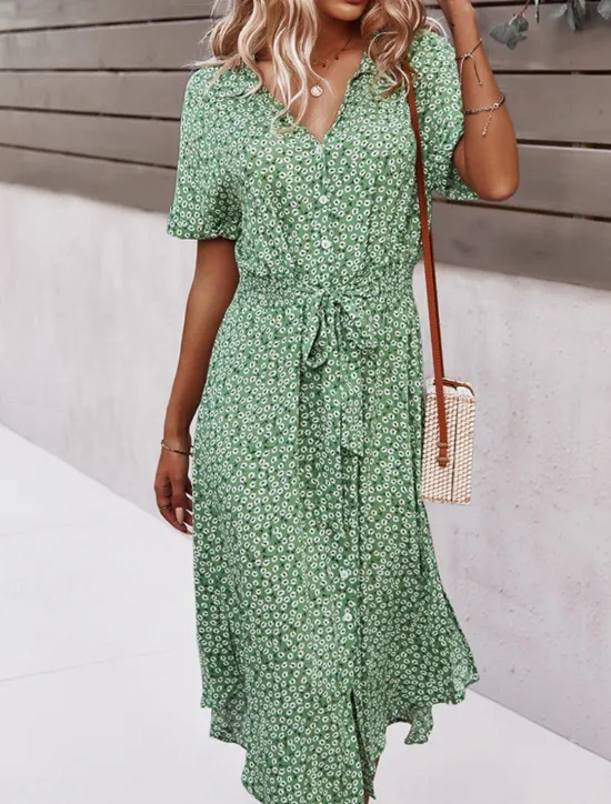 Discount Women's Midi Dress A Line Dress Casual Outdoor Going out Regular Fit Floral Short Sleeve Turndown Black Yellow Red Sky Blue Summer Women Vacation Dresses|Sundresses