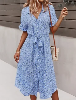 Discount Women's Midi Dress A Line Dress Casual Outdoor Going out Regular Fit Floral Short Sleeve Turndown Black Yellow Red Sky Blue Summer Women Vacation Dresses|Sundresses