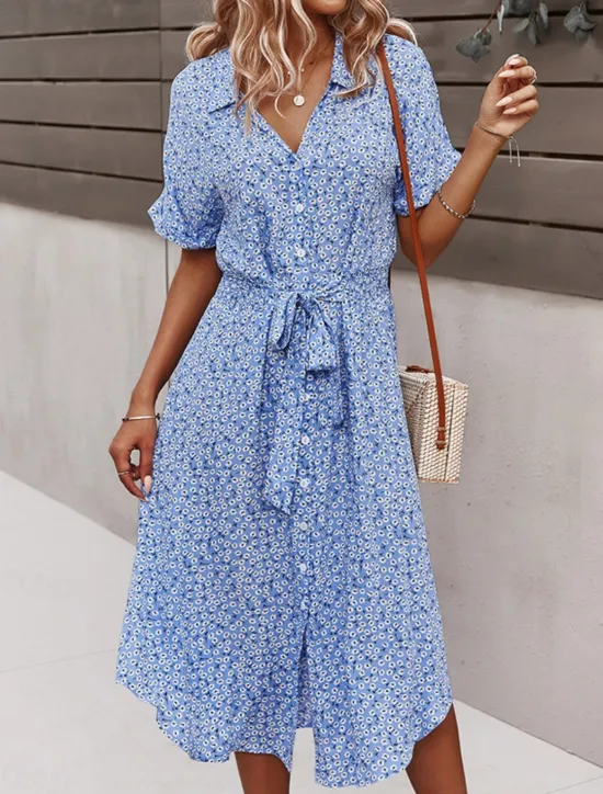 Discount Women's Midi Dress A Line Dress Casual Outdoor Going out Regular Fit Floral Short Sleeve Turndown Black Yellow Red Sky Blue Summer Women Vacation Dresses|Sundresses