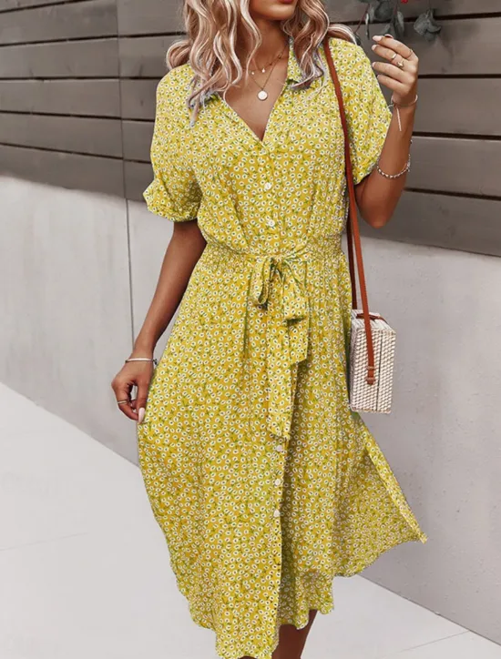 Discount Women's Midi Dress A Line Dress Casual Outdoor Going out Regular Fit Floral Short Sleeve Turndown Black Yellow Red Sky Blue Summer Women Vacation Dresses|Sundresses