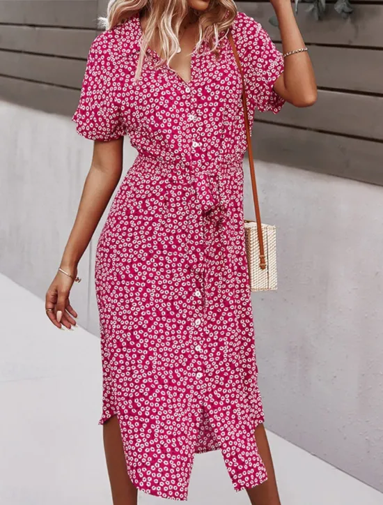 Discount Women's Midi Dress A Line Dress Casual Outdoor Going out Regular Fit Floral Short Sleeve Turndown Black Yellow Red Sky Blue Summer Women Vacation Dresses|Sundresses
