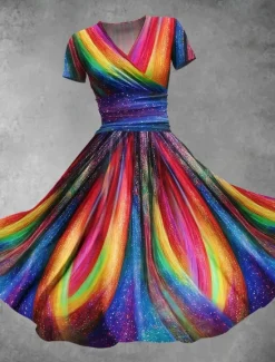 Online Women's Midi Dress A Line Dress Summer Dress Fit And Flare Dress Party Casual Daily Holiday Regular Fit Graphic Geometric Color Block Short Sleeve V Neck Yellow Purple Green Summer Women Casual Dress