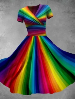 Discount Women's Midi Dress A Line Dress Summer Dress Fit And Flare Dress Party Casual Daily Holiday Regular Fit Graphic Color Block Abstract Short Sleeve V Neck Black Orange Rainbow Summer Women Vacation Dresses