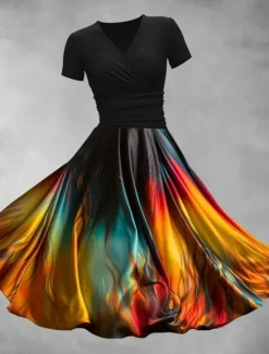 Discount Women's Midi Dress A Line Dress Summer Dress Fit And Flare Dress Party Casual Daily Holiday Regular Fit Graphic Color Block Abstract Short Sleeve V Neck Black Orange Rainbow Summer Women Vacation Dresses