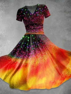 Discount Women's Midi Dress A Line Dress Summer Dress Fit And Flare Dress Party Casual Daily Holiday Regular Fit Graphic Color Block Abstract Short Sleeve V Neck Black Orange Rainbow Summer Women Vacation Dresses