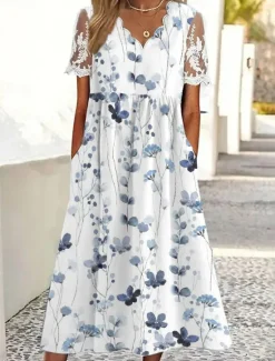 New Women's Midi Dress A Line Dress Summer Dress Print Dress Fashion Modern Lace Sleeve Outdoor Vacation Daily Regular Fit Floral Short Sleeve Scalloped Neck Spring Fall Women Floral Dresses