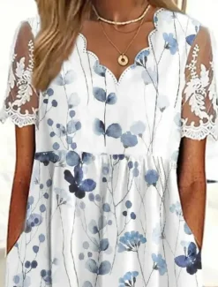 New Women's Midi Dress A Line Dress Summer Dress Print Dress Fashion Modern Lace Sleeve Outdoor Vacation Daily Regular Fit Floral Short Sleeve Scalloped Neck Spring Fall Women Floral Dresses