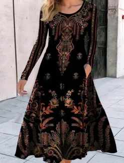 Outlet Women's Midi Dress A Line Dress Casual Dress Winter Dress Swing Dress Fashion Streetwear Mature Formal Outdoor Vacation Regular Fit Floral Long Sleeve Crew Neck Summer Spring Fall Women Cocktail Dress