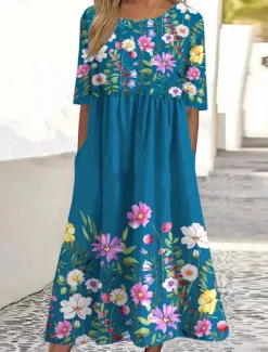 New Women's Midi Dress A Line Dress Summer Dress Vacation Casual Daily Holiday Loose Fit Floral Graphic Half Sleeve Crew Neck Sky Blue Peacock Blue Summer Women Casual Dress