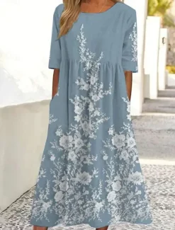 New Women's Midi Dress A Line Dress Summer Dress Vacation Casual Daily Holiday Loose Fit Floral Graphic Half Sleeve Crew Neck Sky Blue Peacock Blue Summer Women Casual Dress