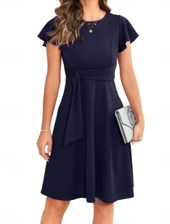 Clearance Women's Midi Dress A Line Dress Elegant Vintage Regular Fit Solid Color Short Sleeve Crew Neck Red Dark Green Dark Blue Summer Spring Women Cocktail Dress