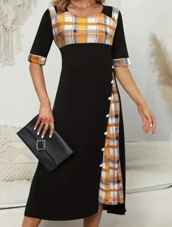 Women's Midi Dress A Line Dress Vacation Casual Outdoor Going out Standard Fit Graphic Plaid Half Sleeve Crewneck Black Yellow Wine Purple Summer Women Vacation Dresses