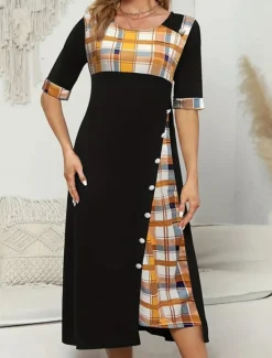 Women's Midi Dress A Line Dress Vacation Casual Outdoor Going out Standard Fit Graphic Plaid Half Sleeve Crewneck Black Yellow Wine Purple Summer Women Vacation Dresses