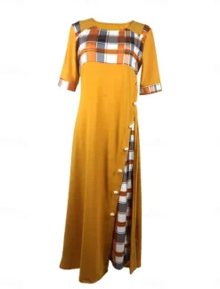 Women's Midi Dress A Line Dress Vacation Casual Outdoor Going out Standard Fit Graphic Plaid Half Sleeve Crewneck Black Yellow Wine Purple Summer Women Vacation Dresses