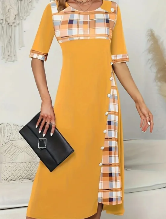 Women's Midi Dress A Line Dress Vacation Casual Outdoor Going out Standard Fit Graphic Plaid Half Sleeve Crewneck Black Yellow Wine Purple Summer Women Vacation Dresses