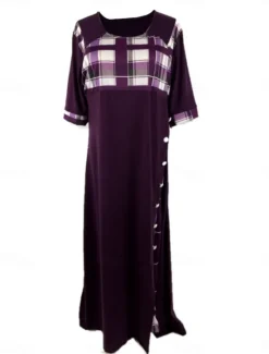 Women's Midi Dress A Line Dress Vacation Casual Outdoor Going out Standard Fit Graphic Plaid Half Sleeve Crewneck Black Yellow Wine Purple Summer Women Vacation Dresses