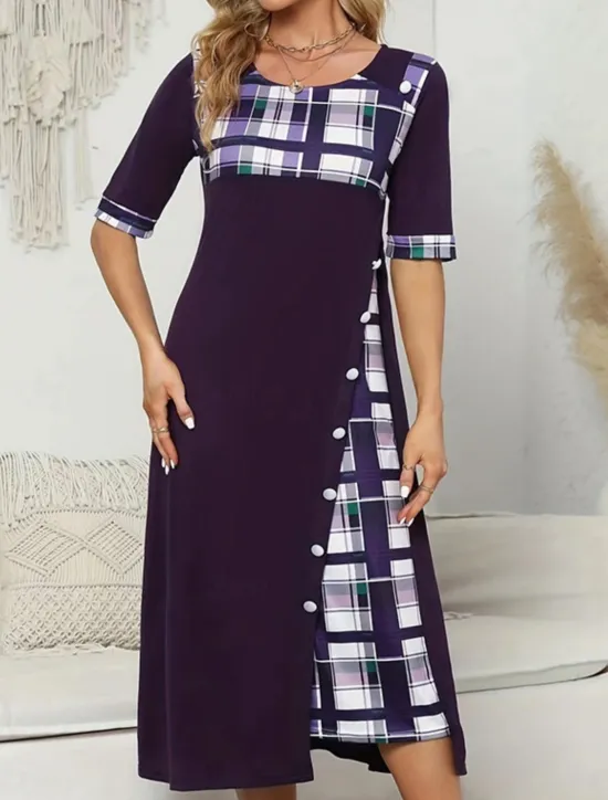 Women's Midi Dress A Line Dress Vacation Casual Outdoor Going out Standard Fit Graphic Plaid Half Sleeve Crewneck Black Yellow Wine Purple Summer Women Vacation Dresses