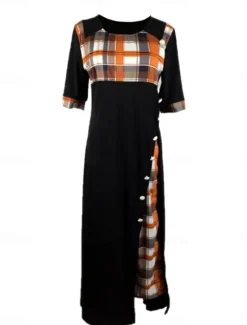 Women's Midi Dress A Line Dress Vacation Casual Outdoor Going out Standard Fit Graphic Plaid Half Sleeve Crewneck Black Yellow Wine Purple Summer Women Vacation Dresses