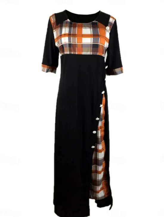 Women's Midi Dress A Line Dress Vacation Casual Outdoor Going out Standard Fit Graphic Plaid Half Sleeve Crewneck Black Yellow Wine Purple Summer Women Vacation Dresses
