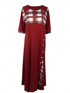 Women's Midi Dress A Line Dress Vacation Casual Outdoor Going out Standard Fit Graphic Plaid Half Sleeve Crewneck Black Yellow Wine Purple Summer Women Vacation Dresses