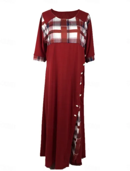 Women's Midi Dress A Line Dress Vacation Casual Outdoor Going out Standard Fit Graphic Plaid Half Sleeve Crewneck Black Yellow Wine Purple Summer Women Vacation Dresses