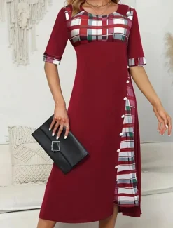 Women's Midi Dress A Line Dress Vacation Casual Outdoor Going out Standard Fit Graphic Plaid Half Sleeve Crewneck Black Yellow Wine Purple Summer Women Vacation Dresses