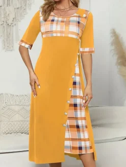 Women's Midi Dress A Line Dress Vacation Casual Outdoor Going out Standard Fit Graphic Plaid Half Sleeve Crewneck Black Yellow Wine Purple Summer Women Vacation Dresses