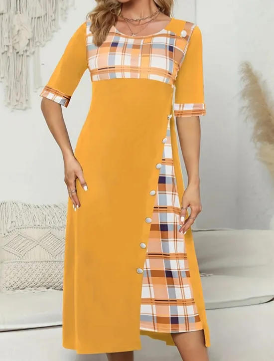 Women's Midi Dress A Line Dress Vacation Casual Outdoor Going out Standard Fit Graphic Plaid Half Sleeve Crewneck Black Yellow Wine Purple Summer Women Vacation Dresses