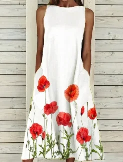 Online Women's Midi Dress A Line Dress T Shirt Dress Tee Dress Off The Shoulder Dress Athletic Dress Casual Vacation Daily Regular Fit Floral Sleeveless Off Shoulder Yellow Red Blue Purple Summer Women Sundresses
