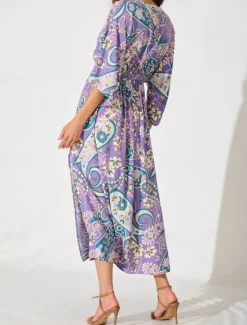 Women's Midi Dress A Line Dress Casual Boho Outdoor Beach Loose Fit Paisley 3/4 Length Sleeve V Neck Summer Spring Women Vacation Dresses