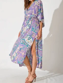 Women's Midi Dress A Line Dress Casual Boho Outdoor Beach Loose Fit Paisley 3/4 Length Sleeve V Neck Summer Spring Women Vacation Dresses