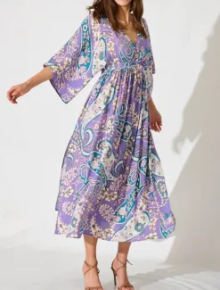 Women's Midi Dress A Line Dress Casual Boho Outdoor Beach Loose Fit Paisley 3/4 Length Sleeve V Neck Summer Spring Women Vacation Dresses