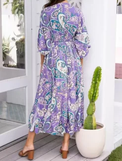 Women's Midi Dress A Line Dress Casual Boho Outdoor Beach Loose Fit Paisley 3/4 Length Sleeve V Neck Summer Spring Women Vacation Dresses