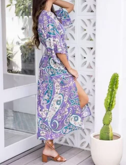 Women's Midi Dress A Line Dress Casual Boho Outdoor Beach Loose Fit Paisley 3/4 Length Sleeve V Neck Summer Spring Women Vacation Dresses