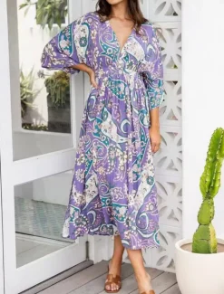 Women's Midi Dress A Line Dress Casual Boho Outdoor Beach Loose Fit Paisley 3/4 Length Sleeve V Neck Summer Spring Women Vacation Dresses