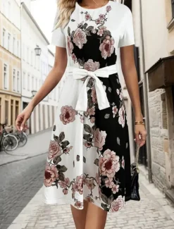 Best Women's Midi Dress A Line Dress Work Dresses Vacation Office Regular Fit Floral Graphic Short Sleeve Crew Neck Summer Women Work Dresses