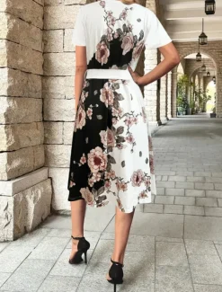 Best Women's Midi Dress A Line Dress Work Dresses Vacation Office Regular Fit Floral Graphic Short Sleeve Crew Neck Summer Women Work Dresses