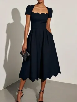 Discount Women's Midi Dress A Line Dress Fit And Flare Dress Elegant Party Cocktail Outdoor Party Wedding Guest Regular Fit Solid Color Short Sleeve Square Neck Green Summer Women Cocktail Dress