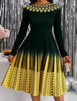 Hot Women's Midi Dress A Line Dress Casual Dress Winter Dress Swing Dress Streetwear Modest Formal Vacation Party Regular Fit Geometric Color Block Long Sleeve Crew Neck Yellow Pink Blue Purple Women Cocktail Dress
