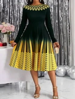 Hot Women's Midi Dress A Line Dress Casual Dress Winter Dress Swing Dress Streetwear Modest Formal Vacation Party Regular Fit Geometric Color Block Long Sleeve Crew Neck Yellow Pink Blue Purple Women Cocktail Dress
