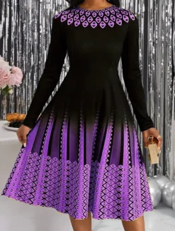 Hot Women's Midi Dress A Line Dress Casual Dress Winter Dress Swing Dress Streetwear Modest Formal Vacation Party Regular Fit Geometric Color Block Long Sleeve Crew Neck Yellow Pink Blue Purple Women Cocktail Dress