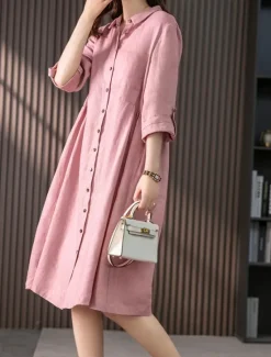 Discount Women's Midi Dress A Line Dress Summer Dress Casual Daily Regular Fit Plain 3/4 Length Sleeve Lapel Pink Green Summer Spring Fall Women Dresses|Casual Dress